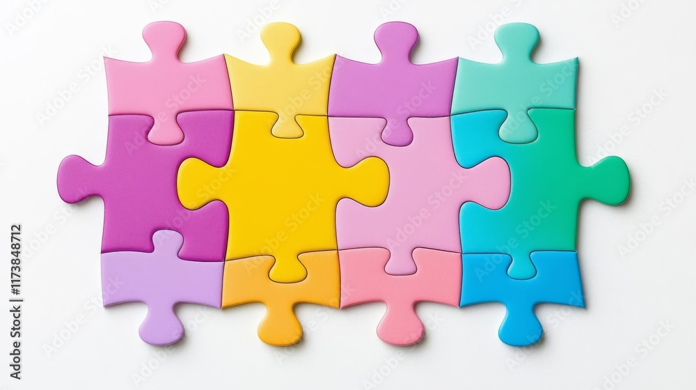 Colorful puzzle pieces arranged creatively on a white background. Colorful puzzle pieces arranged creatively on a white background.