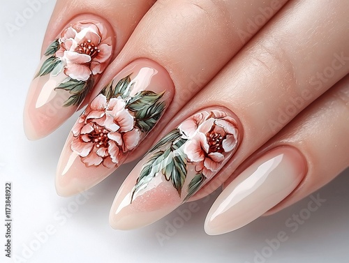 Elegant floral nail art on almond-shaped nude nails. photo