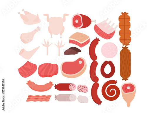 Set of meat product and sausage.Steak, ham and bacon.Pork, chicken, lamb and beef raw meat.Butchery meal.Farm ingredient.Food and market.Sign, symbol, icon or logo isolated.Cartoon vector illustraion.