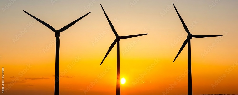 Fototapeta premium Wind turbines amidst golden hour light, soft and serene