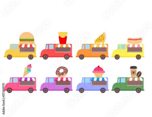 Food trucks.Catering van facade.Set of street van.Street food.Transportation.Cafe restaurant.Shop truck.Vehicles.Dessert and fastfood.Cuisine businesses.Graphic design.Cartoon vector illustration.