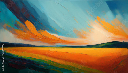 an minimalistic oil portray on canvas with a brown and orange history within the fashion of dark sky blue and light aquamarine landscape photo