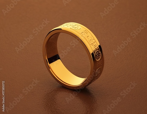 Elegant golden ring with intricate engravings on a warm brown background. photo