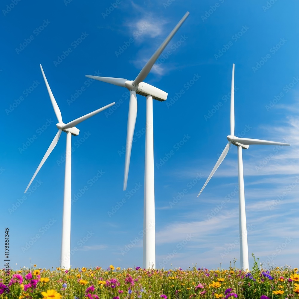 Wind turbines in a field of wildflowers, colorful and serene Wind turbines in a field of wildflowers, colorful and serene