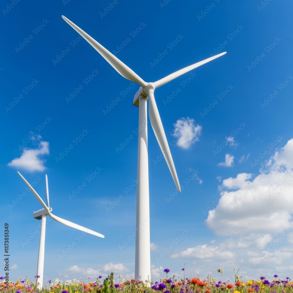 Wind turbines in a field of wildflowers, colorful and serene Wind turbines in a field of wildflowers, colorful and serene