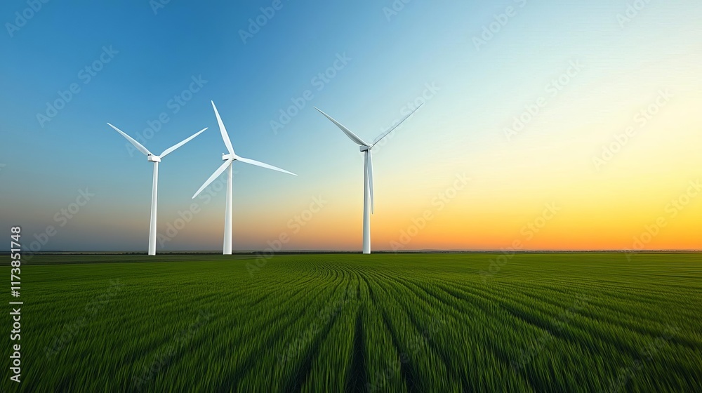 Fototapeta premium Wind turbines in a grassy field during sunset, idyllic countryside energy