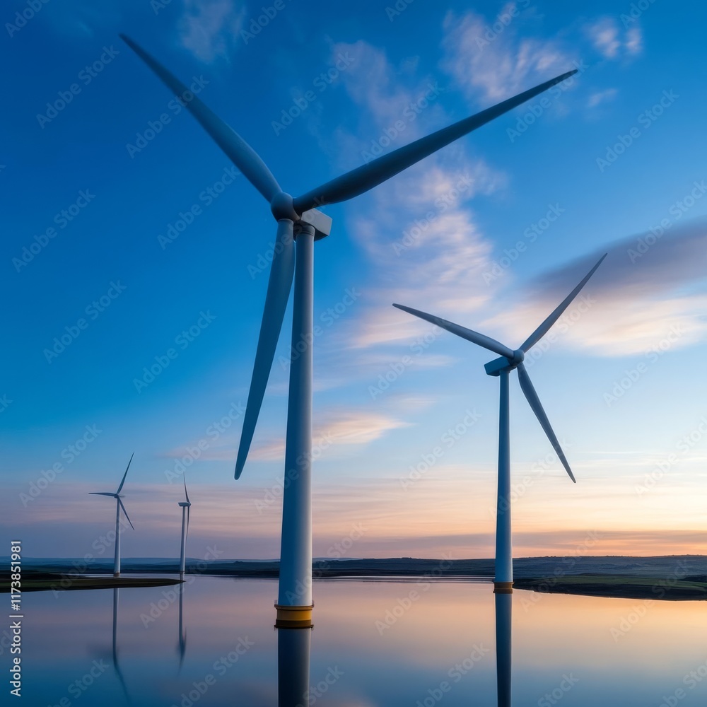 Fototapeta premium Wind turbines in a reflective lake at sunrise, peaceful and picturesque