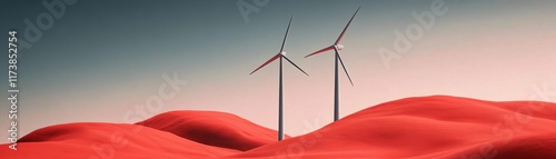 Wind turbines in Mars-like red hills, alien renewable energy concept photo