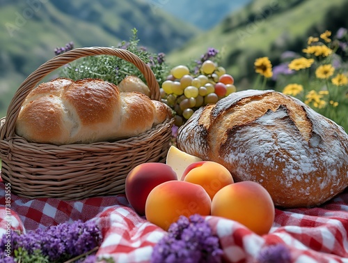 Rustic picnic basket with bread, fruit, and flowers. photo