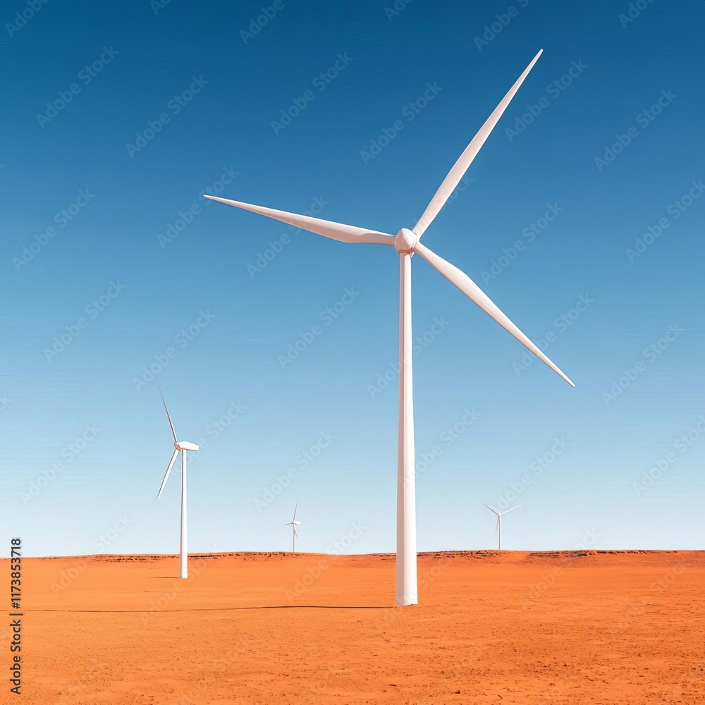 Fototapeta premium Wind turbines on the horizon of a Martian-like red desert, sci-fi renewable energy