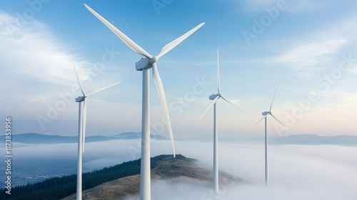Wallpaper Mural Wind turbines spinning gracefully on a foggy mountain ridge, serene energy Torontodigital.ca