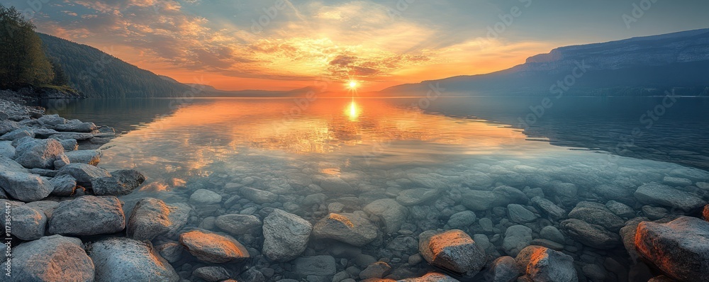 Serene sunrise over calm lake, rocky shore, clear water, mountain reflection. Serene sunrise over calm lake, rocky shore, clear water, mountain reflection.