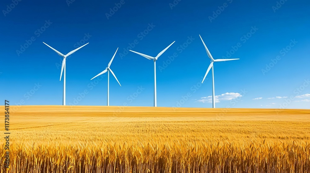 Wind turbines standing tall on golden wheat fields, a symbol of sustainable energy Wind turbines standing tall on golden wheat fields, a symbol of sustainable energy