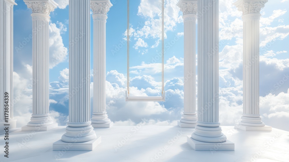 Serene swing suspended between Grecian columns in a heavenly cloudscape.