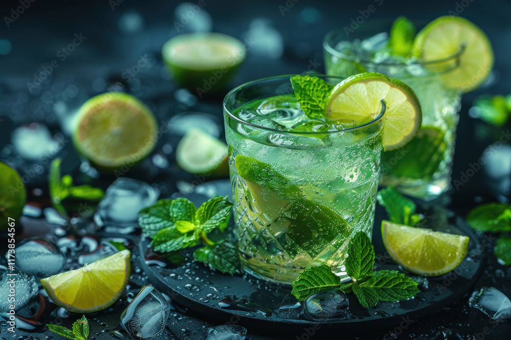 Mojito cocktail with lime and mint. Mojito cocktail with lime and mint.