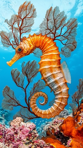 Orange seahorse swimming among vibrant coral reef. photo