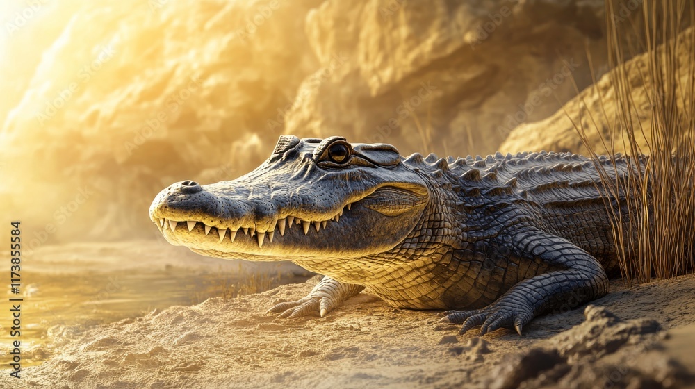 Obraz premium Crocodile Resting on Rocky Riverbank at Golden Hour