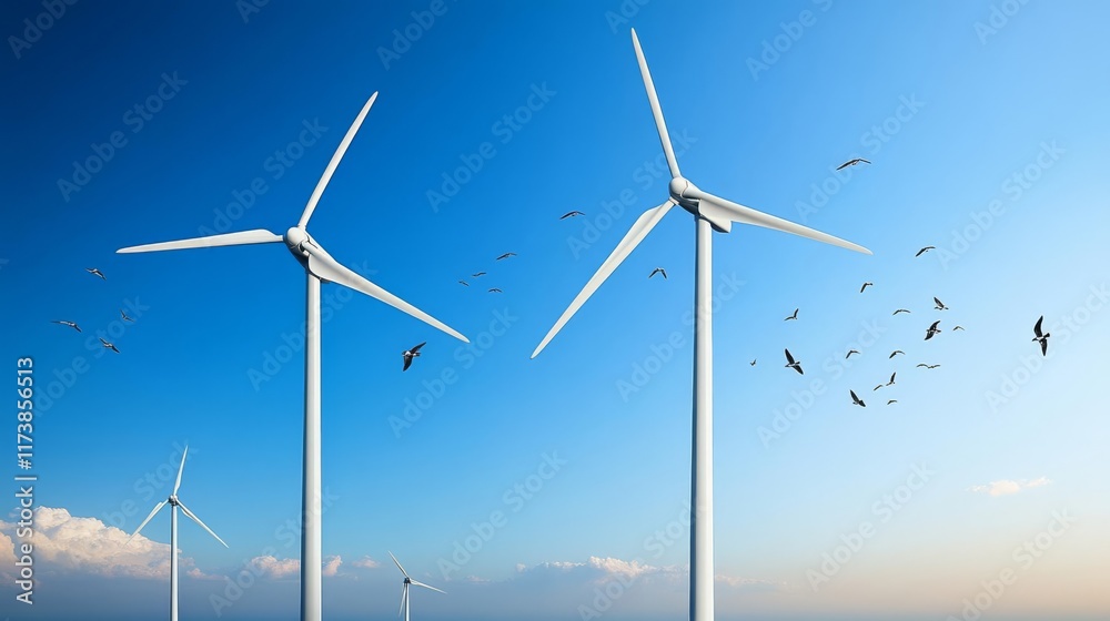 Wind turbines with trails of birds circling around, life and motion Wind turbines with trails of birds circling around, life and motion