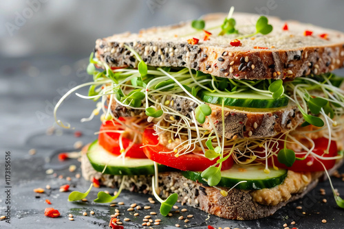 Light and Tasty Veggie Sandwich with Cucumber and Hummus photo