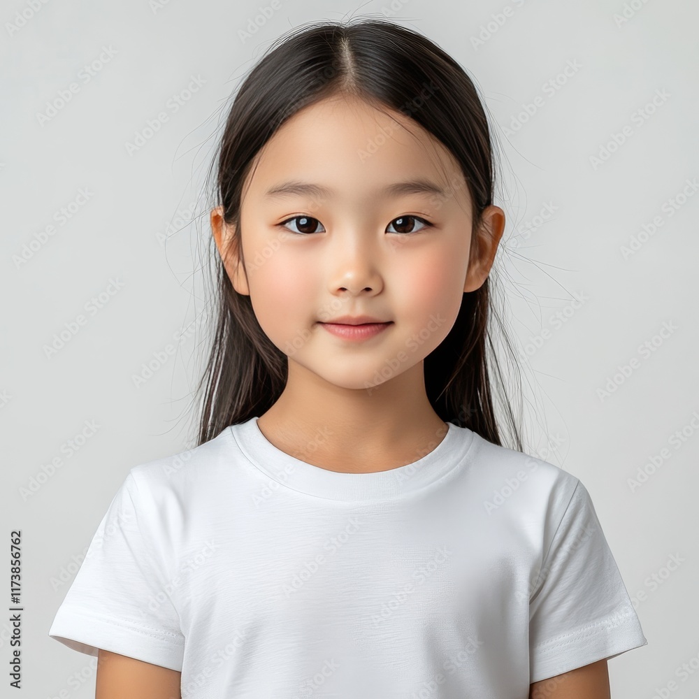 Young Girl With Long Hair Wearing a Plain White T-Shirt Stands Confidently Against a Neutral Background, Showcasing a Bright Expression and Natural Beauty Young Girl With Long Hair Wearing a Plain White T-Shirt Stands Confidently Against a Neutral Background, Showcasing a Bright Expression and Natural Beauty