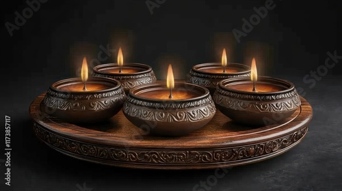 Five ornate brown candle holders with lit candles sit on a round carved wooden tray. Ideal for spiritual or festive settings. Can be used as a decorative element. photo