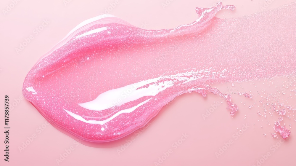 Fototapeta premium Pink shimmering cosmetic product smear or swatch with glitter on a pink background creating a beautiful and textured abstract design, ideal for beauty and makeup related themes