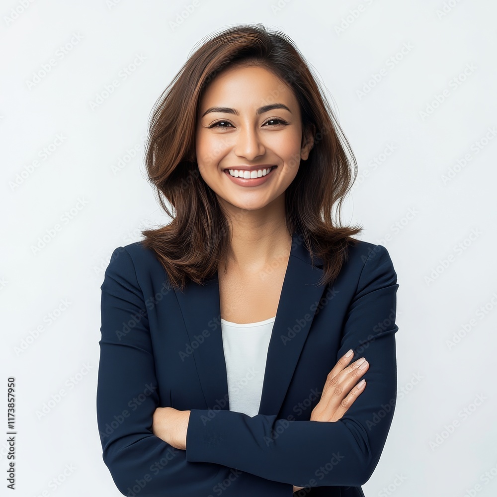 Confident Businesswoman Smiles Warmly With Crossed Arms in a Professional Setting, Showcasing Approachability and Poise During a Casual Corporate Event Confident Businesswoman Smiles Warmly With Crossed Arms in a Professional Setting, Showcasing Approachability and Poise During a Casual Corporate Event
