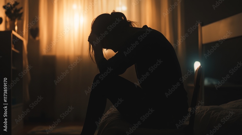 Silhouette of a woman sitting on bed, head in hands, feeling sadness or despair in dimly lit room. Silhouette of a woman sitting on bed, head in hands, feeling sadness or despair in dimly lit room.