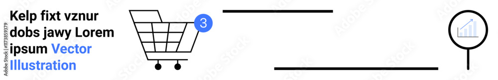 Shopping cart with notification number 3, black lines, magnifying glass with analytics symbol inside. Ideal for e-commerce, shopping, notifications, data analytics, market research, magnifying glass Shopping cart with notification number 3, black lines, magnifying glass with analytics symbol inside. Ideal for e-commerce, shopping, notifications, data analytics, market research, magnifying glass