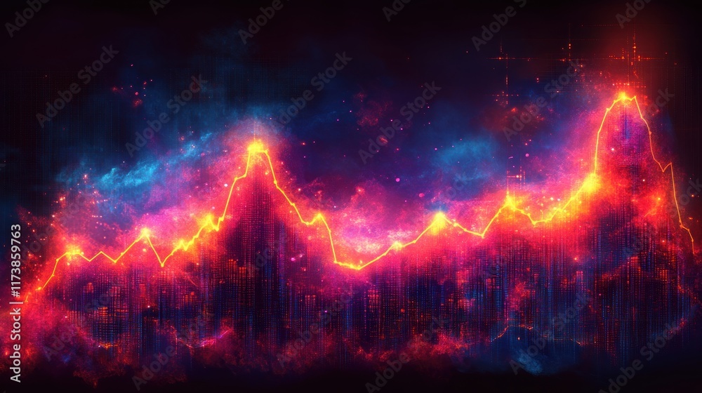 Fototapeta premium A vibrant, abstract representation of a fluctuating data graph against a cosmic background.