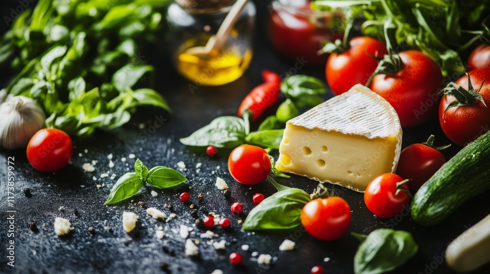 piece of cheese with fresh vegetables on a table. Dairy product background piece of cheese with fresh vegetables on a table. Dairy product background