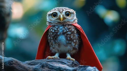 Small owl dons a vibrant red cape, striking a heroic pose in a lush green forest during bright daylight. Generative AI photo