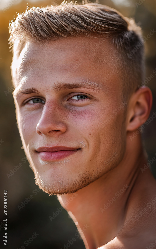 Fototapeta premium Natural Portrait of a Young Man with Sunlit Hair and a Relaxed Expression, Captured Outdoors in Soft Lighting with Warm and Serene Tones