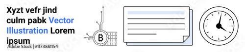 Ledger with Bitcoin symbol, detailed document, and clock showing time. Ideal for business, cryptocurrency, finance, documentation, scheduling, time management, productivity Landing page