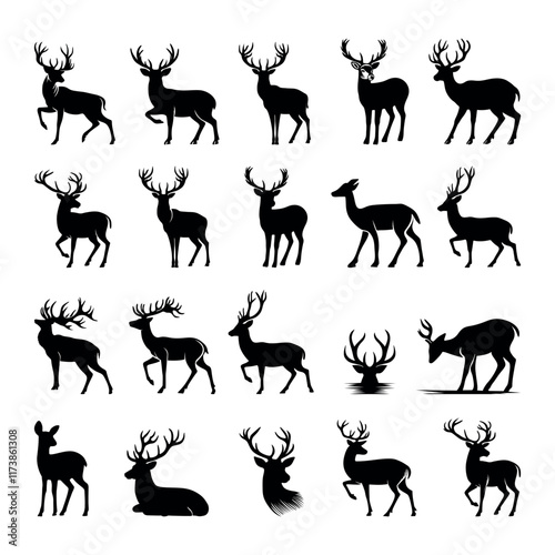 Set of deer silhouettes. Black and White Silhouettes. Collection of Different Deer Poses. Set of wild deer silhouettes in flat style. set of silhouettes of reindeer. male and female deer isolated