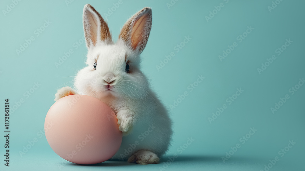 Fluffy white rabbit with light pink easter egg on light blue background with copy space for text. Easter holiday concept Fluffy white rabbit with light pink easter egg on light blue background with copy space for text. Easter holiday concept