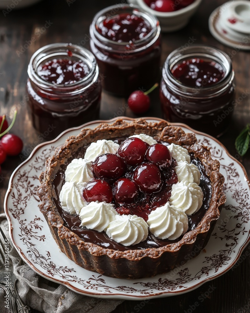 chocolate tart with cream and jam jars chocolate tart with cream and jam jars