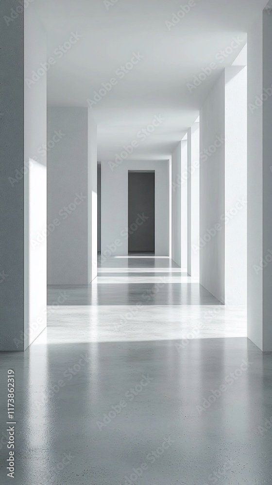 Fototapeta premium Sunlit minimalist hallway with doors and windows.