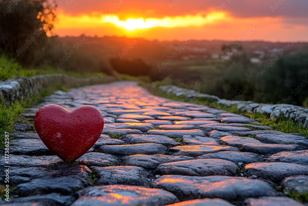 Fototapeta premium Romantic Heart Symbol on Cobblestone Path at Sunset Ideal for Love-Themed Designs and Greetings