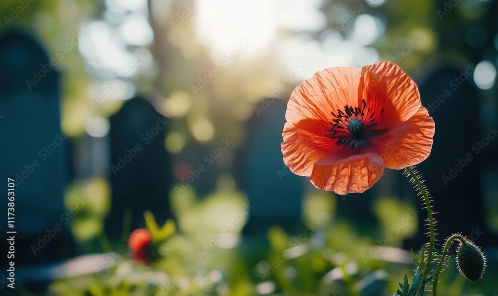 Single red poppy flower in cemetery, sunlight. Single red poppy flower in cemetery, sunlight.