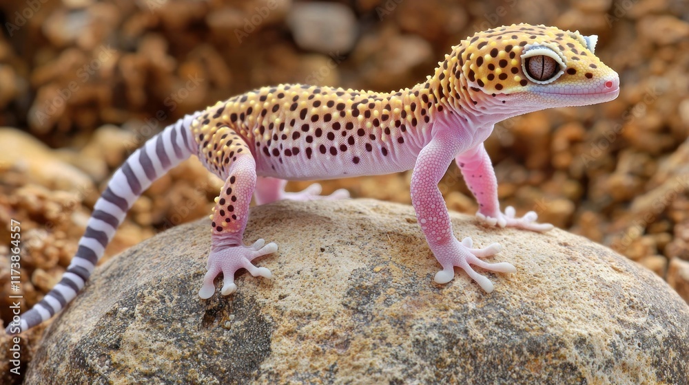A colorful leopard gecko perched on a rock in a natural setting. A colorful leopard gecko perched on a rock in a natural setting.