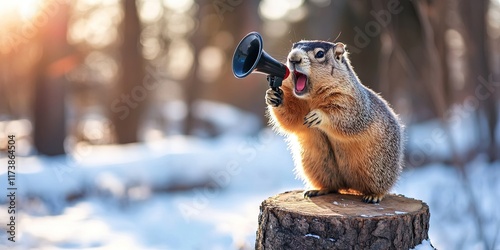 groundhog standing on tree stump with megaphone