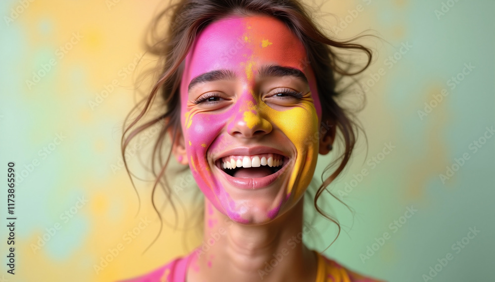 Smiling woman with colorful face paint against pastel background Smiling woman with colorful face paint against pastel background