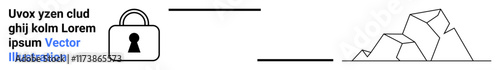 Locked security padlock on left with black lines extending towards minimal geometric mountain shapes on right. Placeholder text above padlock. Ideal for security, technology, encryption, protection