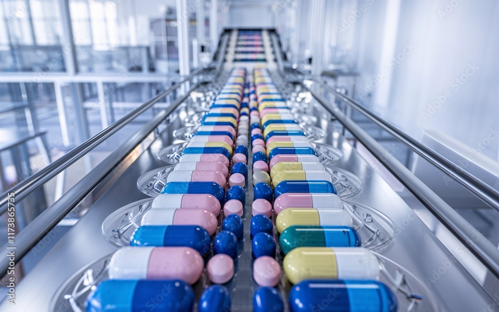 Fototapeta premium Capsules moving on a conveyor belt in a pharmaceutical factory.