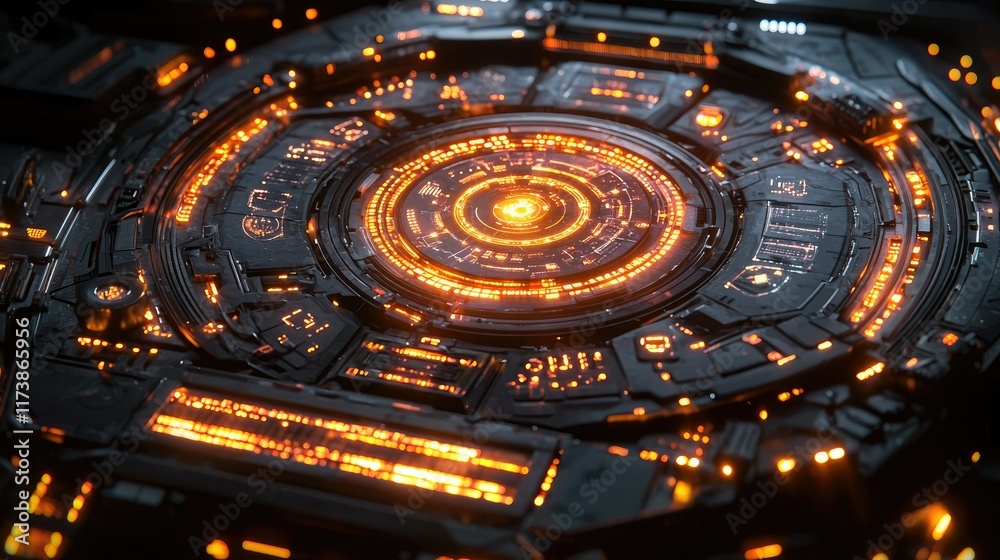Fototapeta premium Futuristic circular technology interface with glowing orange lights.