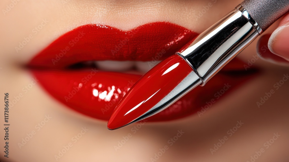 Obraz premium Close-up of glossy red lips with lipstick applicator. Perfect for beauty, cosmetics, and makeup ads or social media posts.