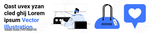 Person operating a flight simulator, blue handbag with a tag, heart in blue speech bubble. Ideal for technology, travel, aviation training, shopping, fashion love communication. Landing page