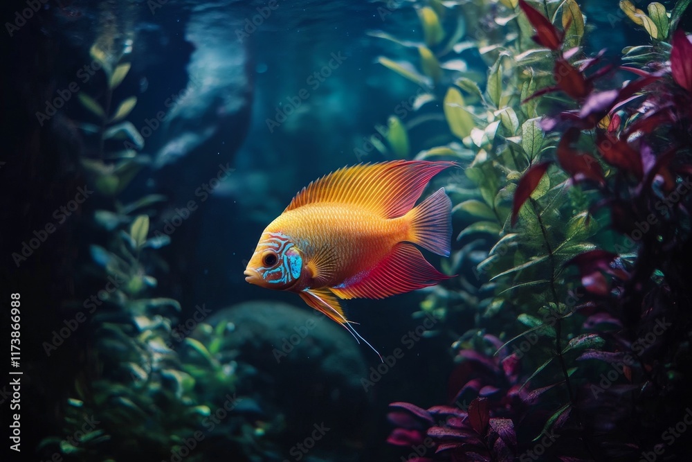 Fototapeta premium Orange fish swims among underwater plants.