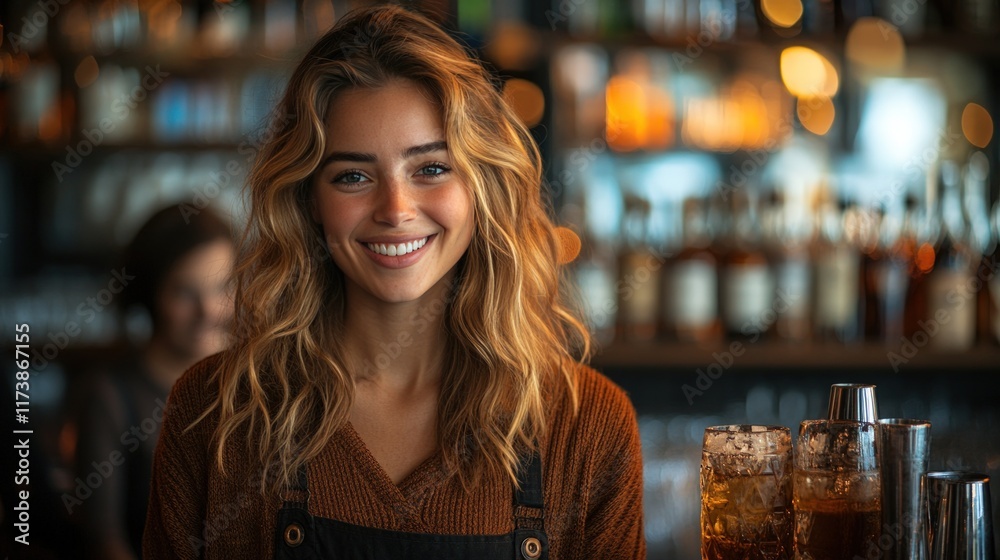 Smiling young woman bartender at a bar. Smiling young woman bartender at a bar.